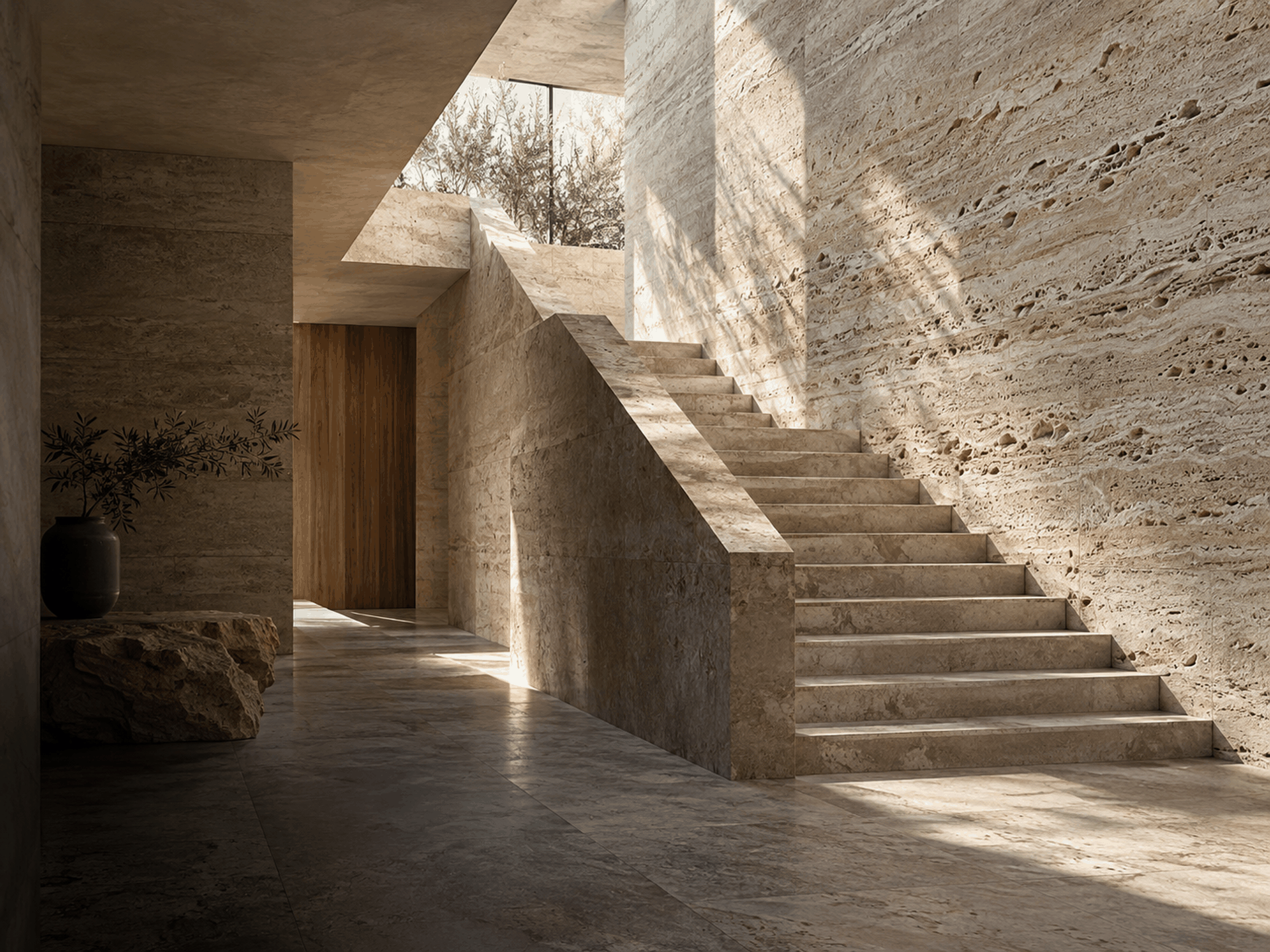 Không gian kiến trúc với bề mặt travertine và ngôn ngữ vật liệu tự nhiên