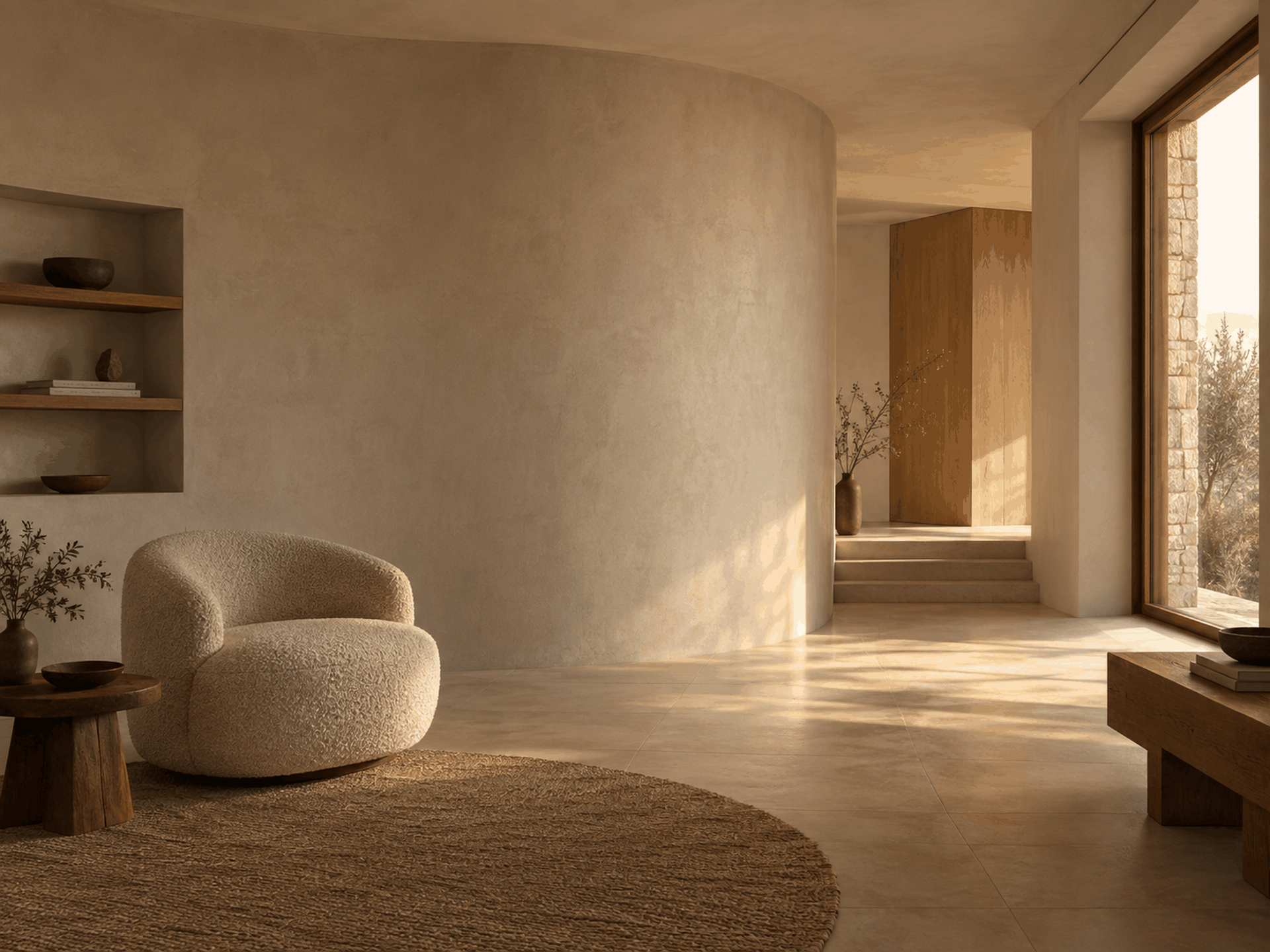 Không gian Warm Minimalism với bề mặt khoáng màu ấm, gỗ và ánh sáng dịu
