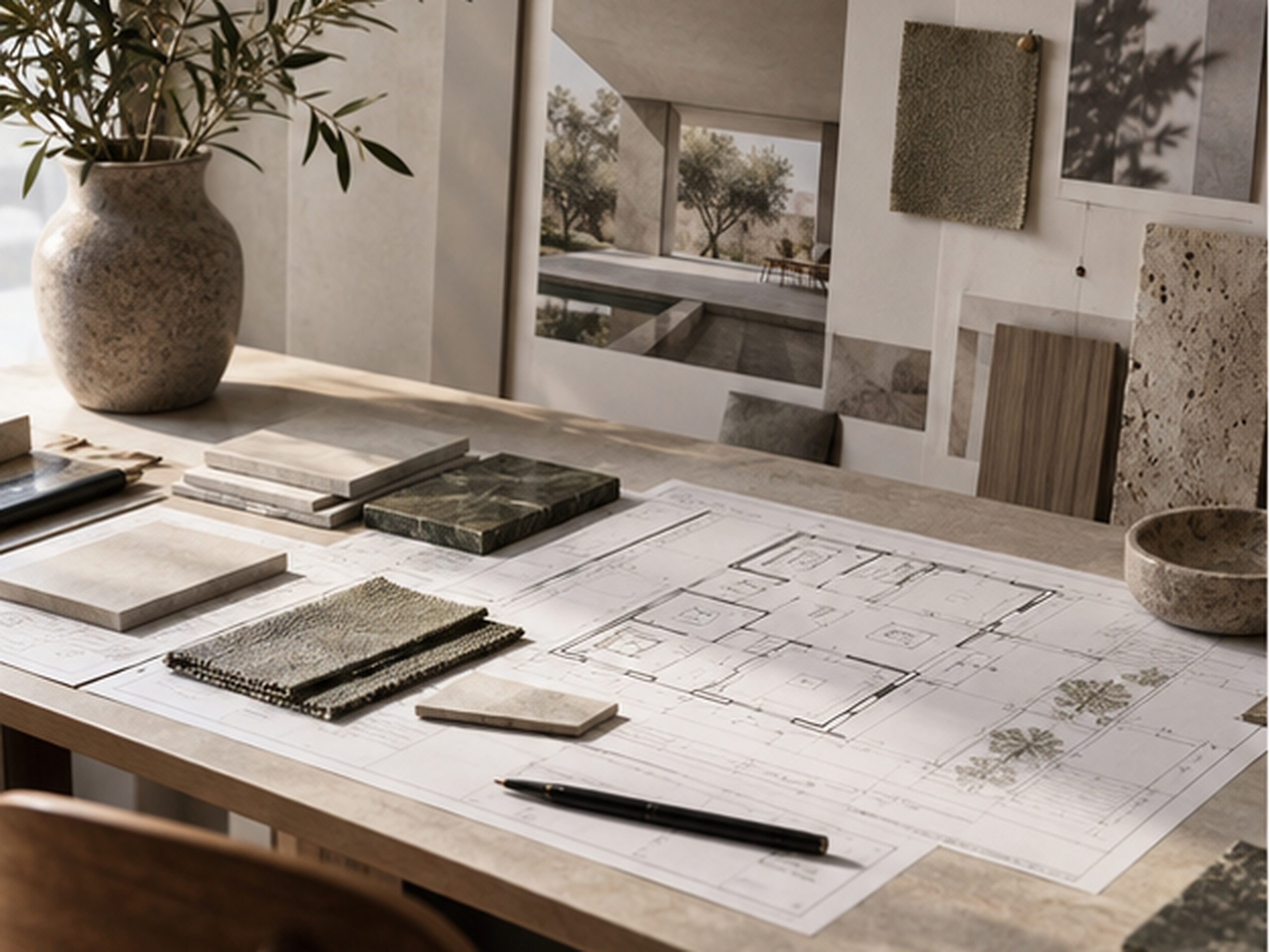Bàn làm việc kiến trúc với moodboard, mẫu vật liệu và bản vẽ thể hiện ý đồ thiết kế