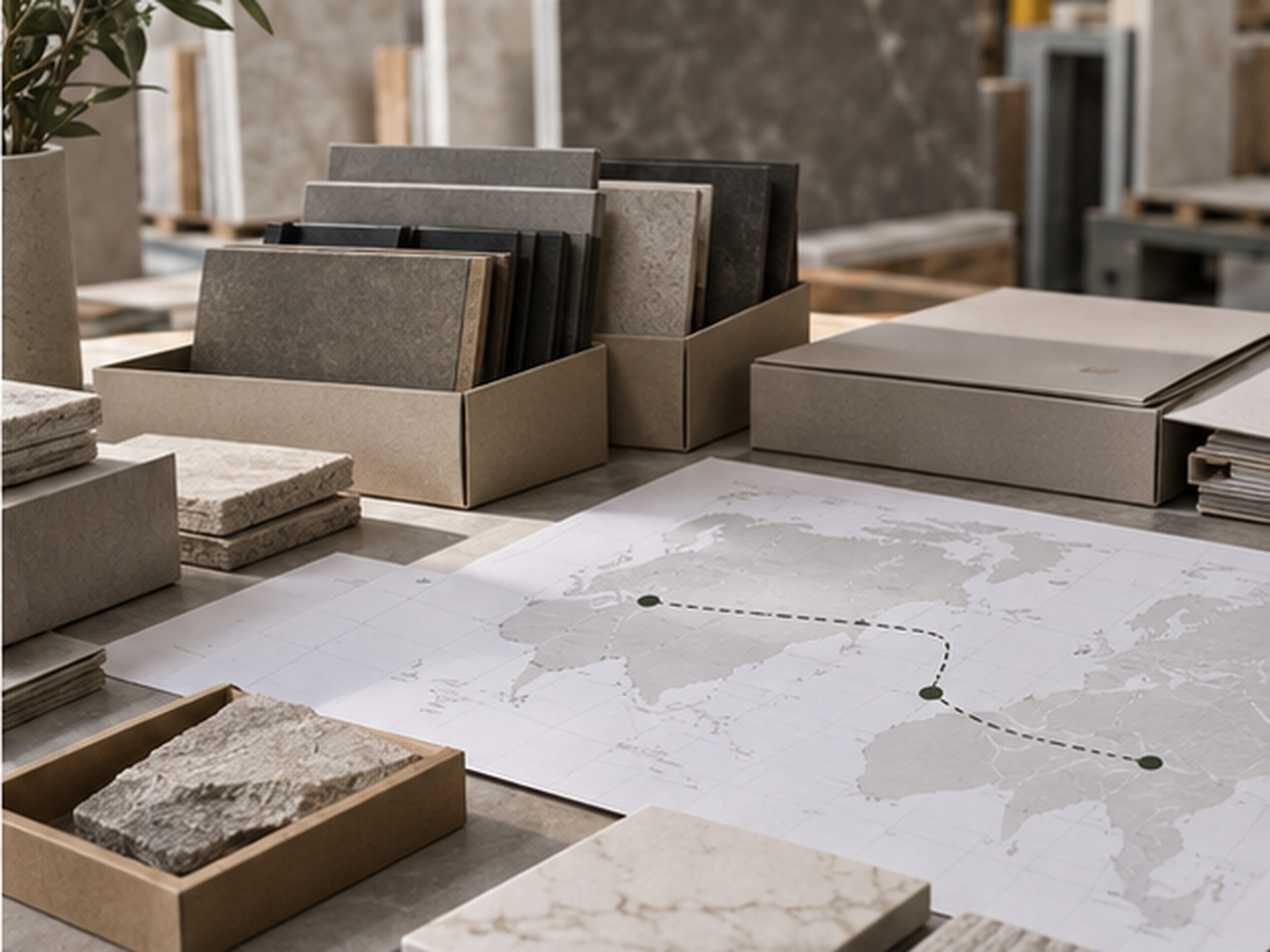 Quy trình tìm nguồn cung gạch với mẫu vật liệu, hồ sơ nhà cung cấp và bản đồ logistics