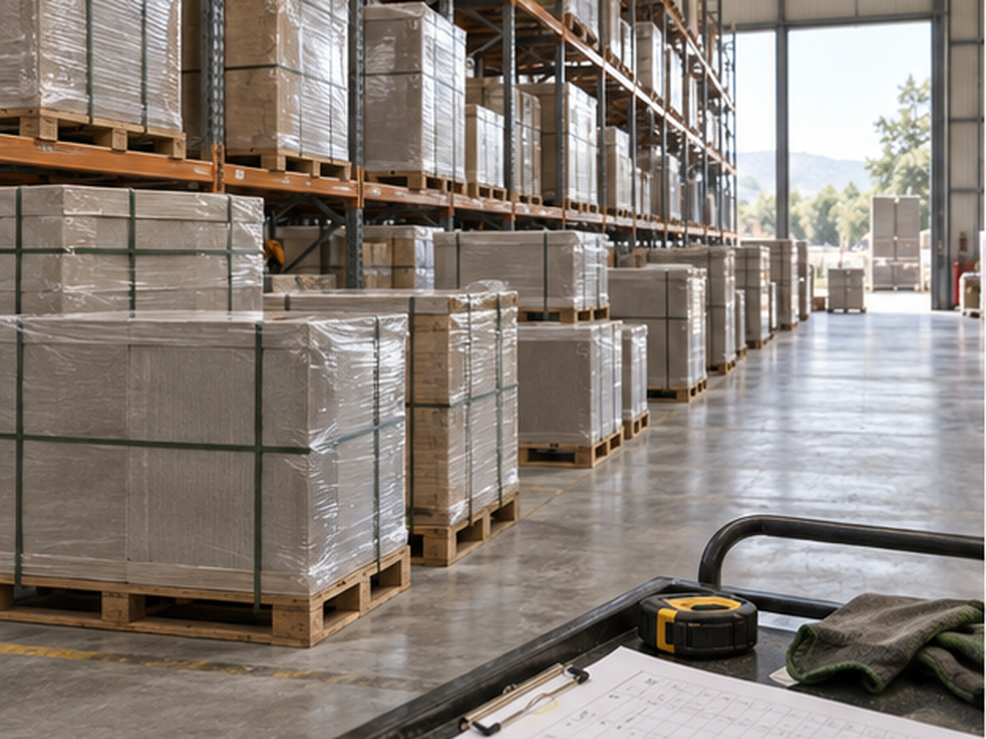 Kho gạch được tổ chức theo pallet và lịch cung ứng cho dự án