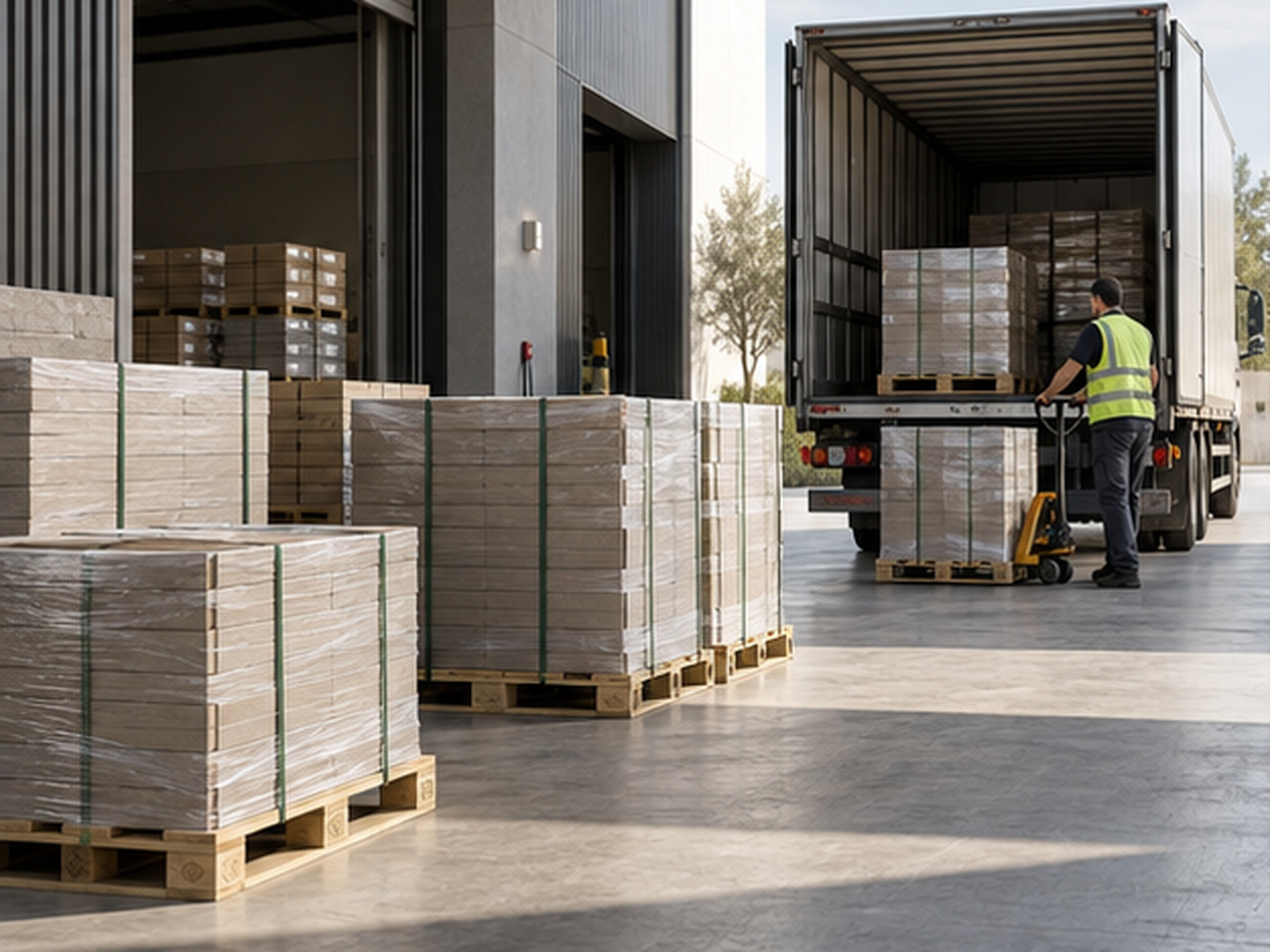 Các pallet gạch được chuẩn bị và điều phối theo kế hoạch giao hàng dự án