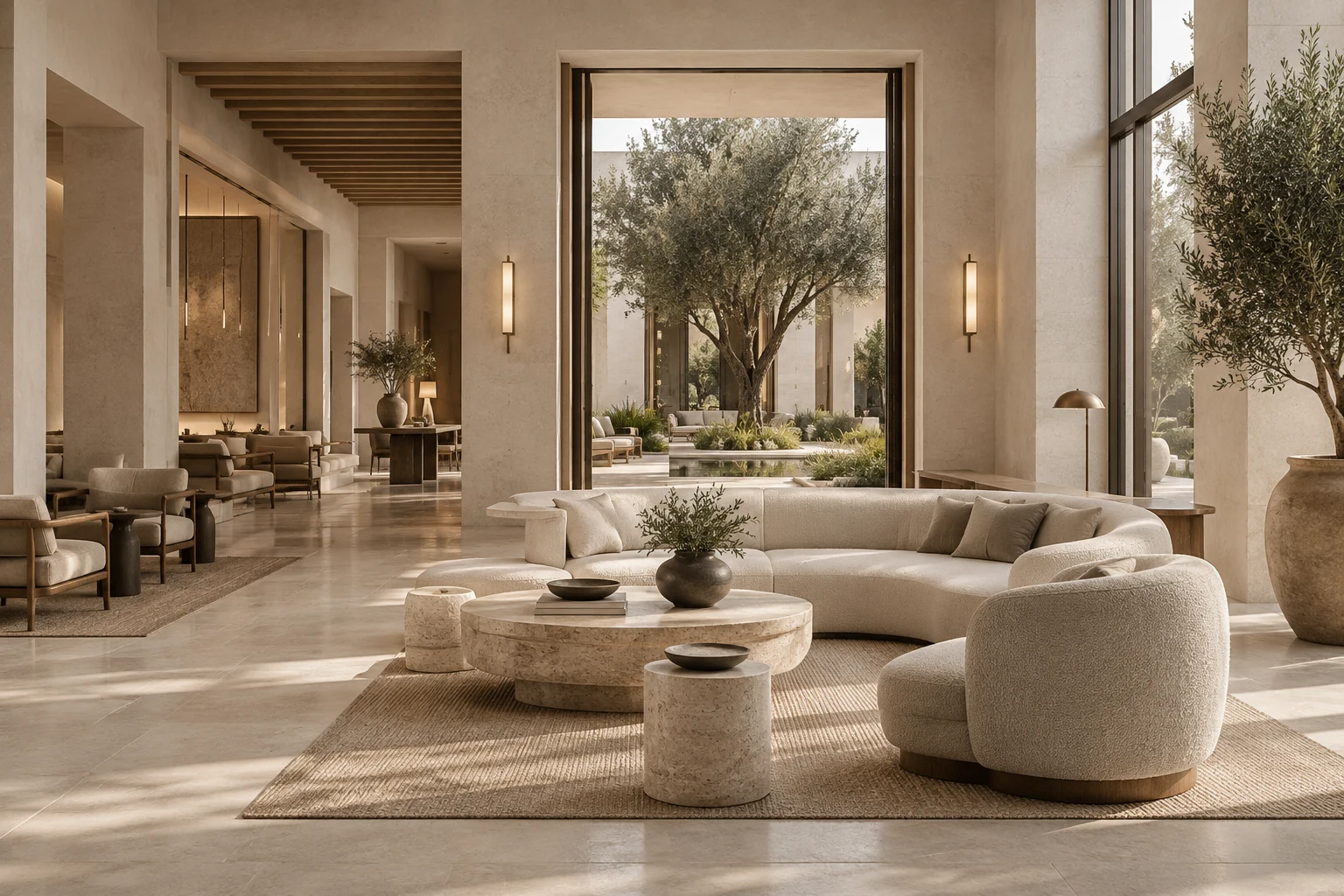 Lounge khách sạn boutique với nhiều lớp chỗ ngồi và sân trong xanh.
