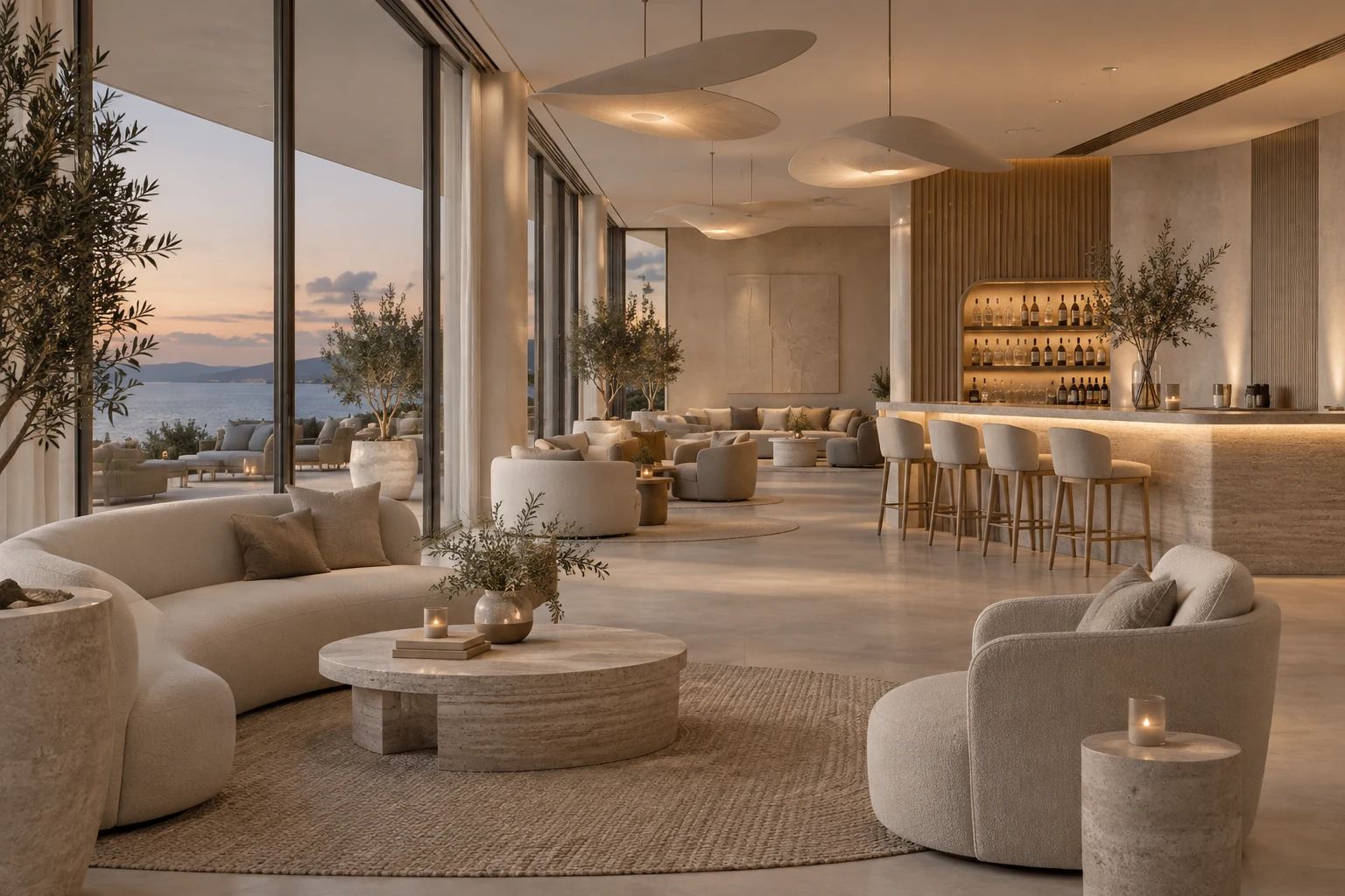Không gian hospitality lúc chiều muộn với ánh sáng ấm cân bằng và quầy bar tinh gọn.