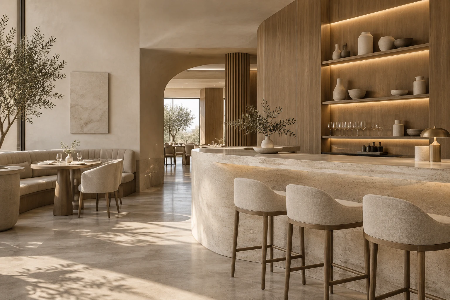 Chi tiết quầy bar cong, ghế băng và hệ kệ gỗ trong không gian F&B.
