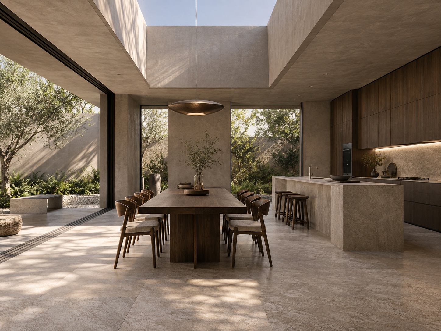 Render ý niệm AI: khu bếp liên thông phòng ăn dưới ô lấy sáng mái.
