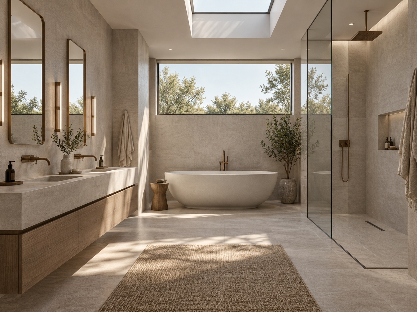 Render ý niệm AI: phòng tắm có khu lavabo, bồn tắm và vùng tắm đứng.