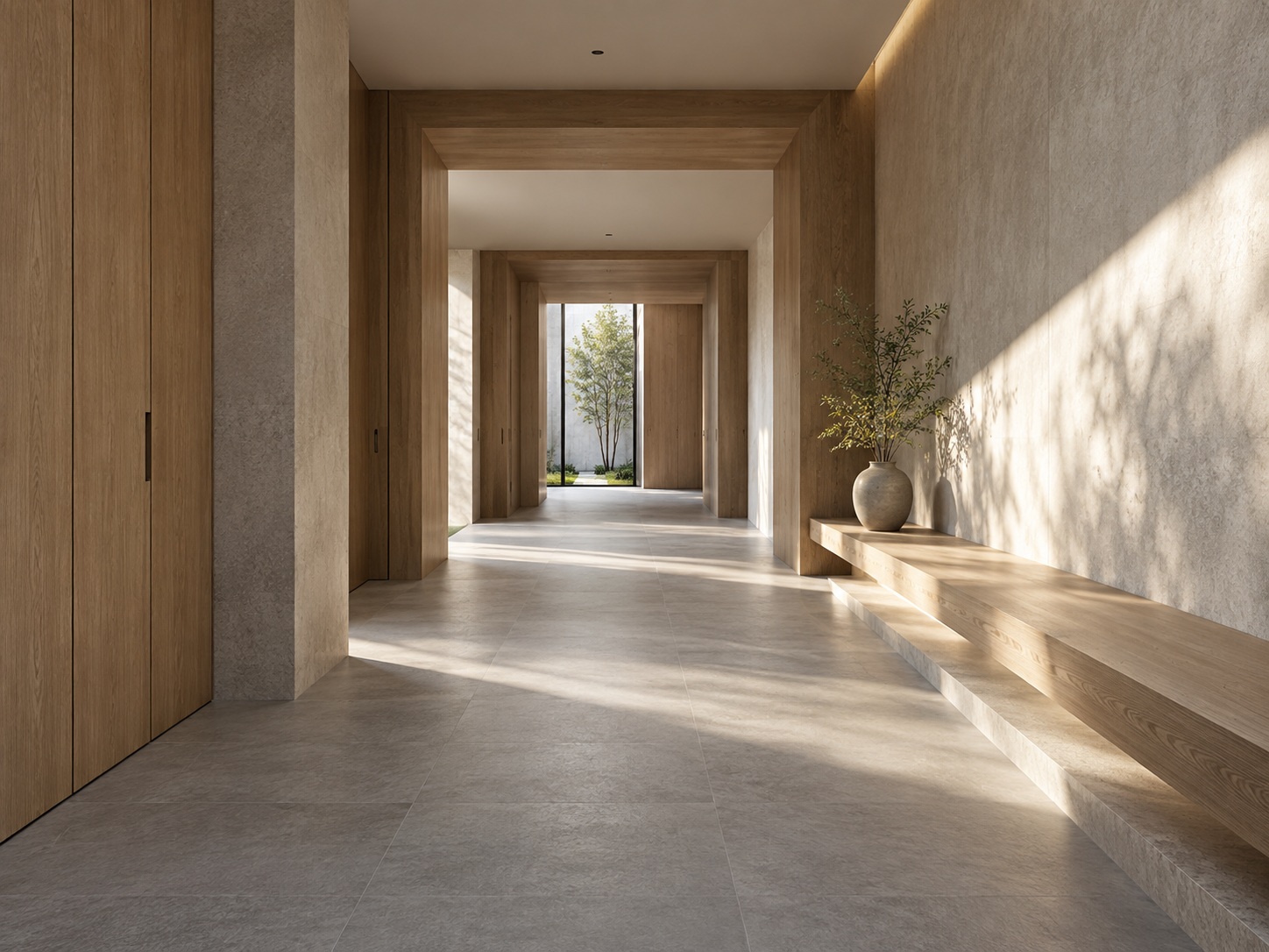 Render ý niệm AI: sảnh và hành lang với nhịp cửa, ghế dài và ánh sáng tự nhiên.