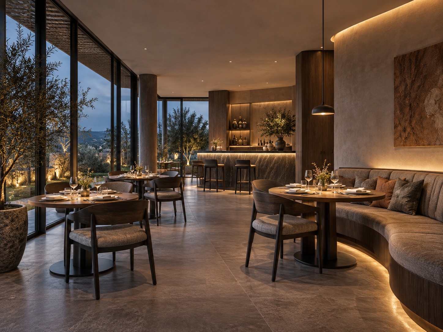 Render ý niệm AI: nhà hàng với bàn ăn, quầy bar và ánh sáng buổi tối.