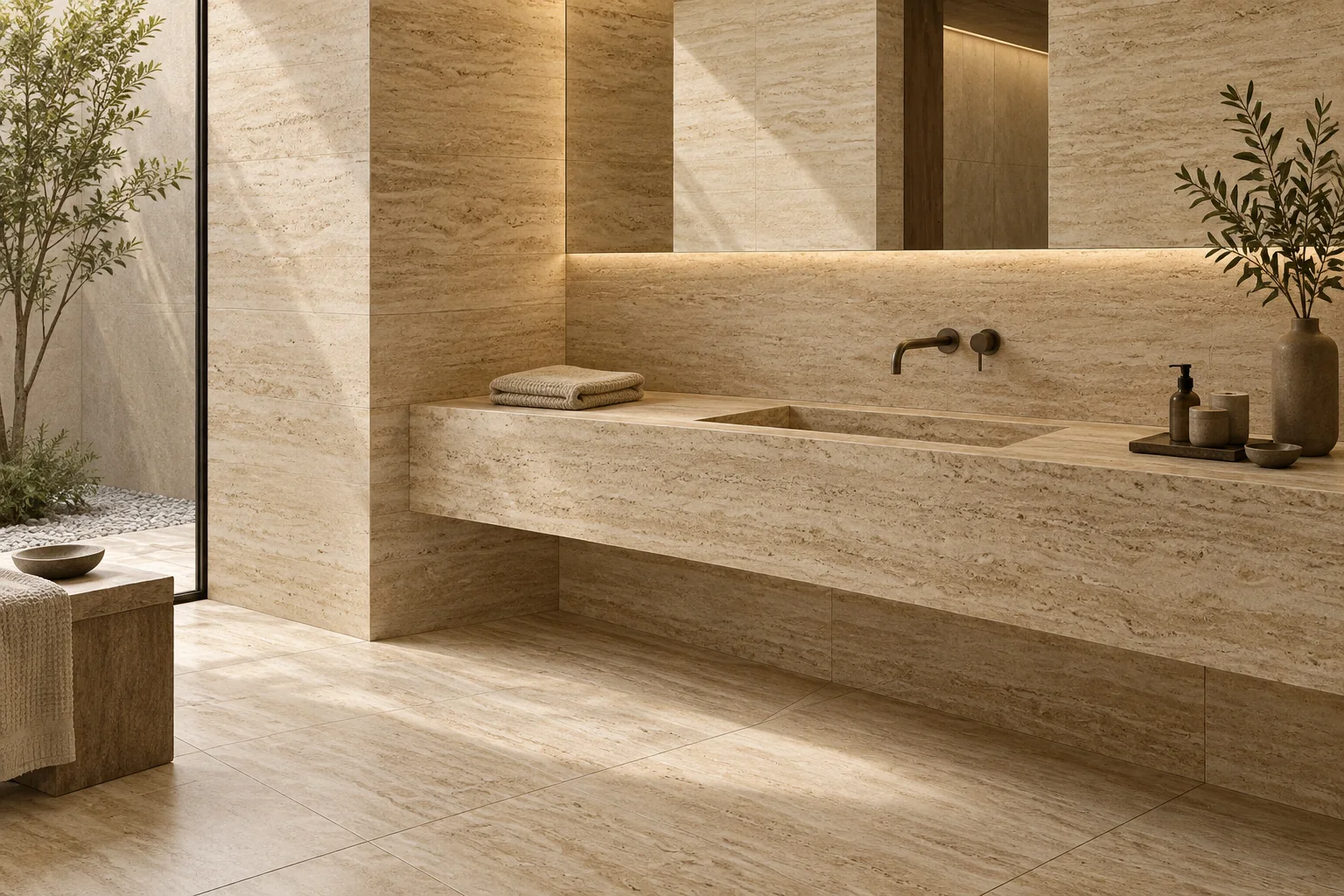 Minh họa AI khu spa với bề mặt vân lớp và mạch gạch nhìn thấy