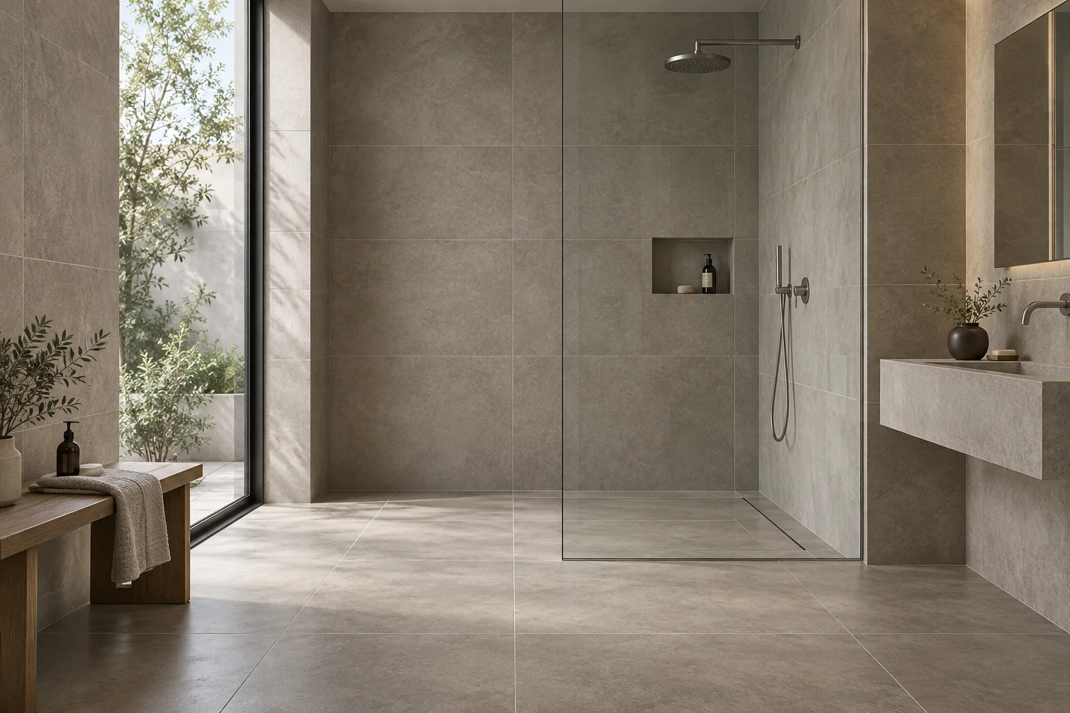 Minh họa AI khu shower với mạch gạch và các mặt phẳng tường sàn