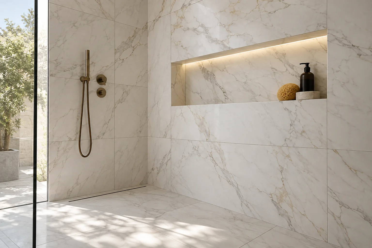 Minh họa AI mảng tường porcelain vân marble trong khu shower