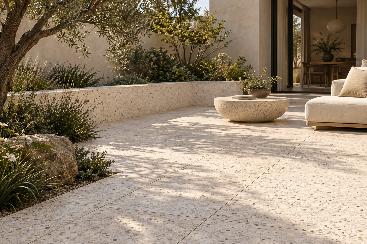 Minh họa AI sân lát dạng terrazzo với nhịp mạch và cảnh quan