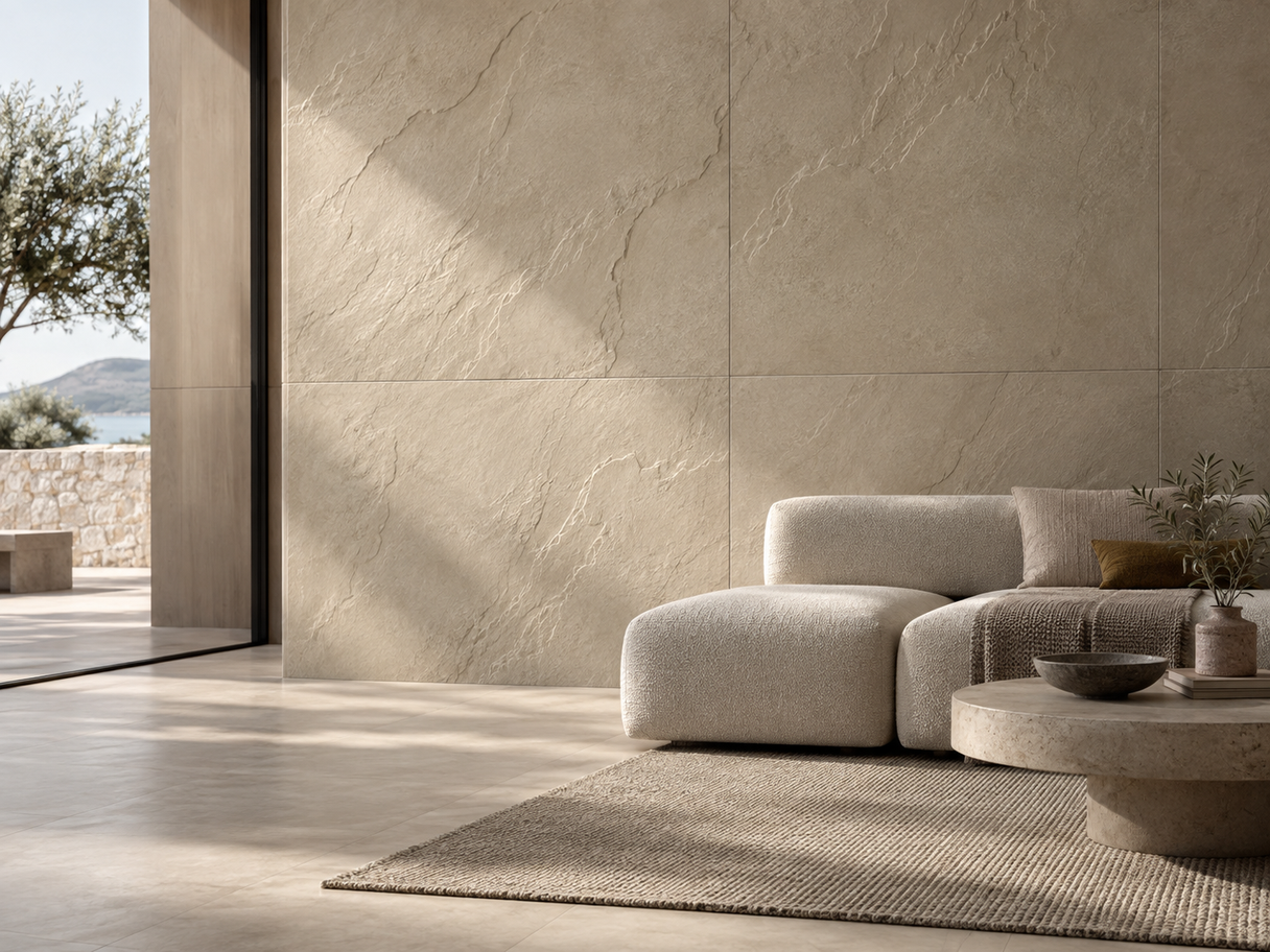 Bề mặt gạch porcelain Mould Finish với chiều sâu relief và ánh sáng xiên