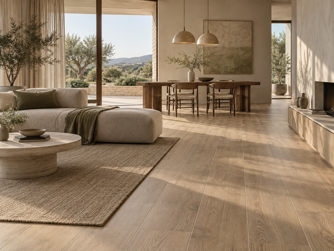 Không gian kiến trúc với gạch porcelain Wood Look và cảm giác ấm áp