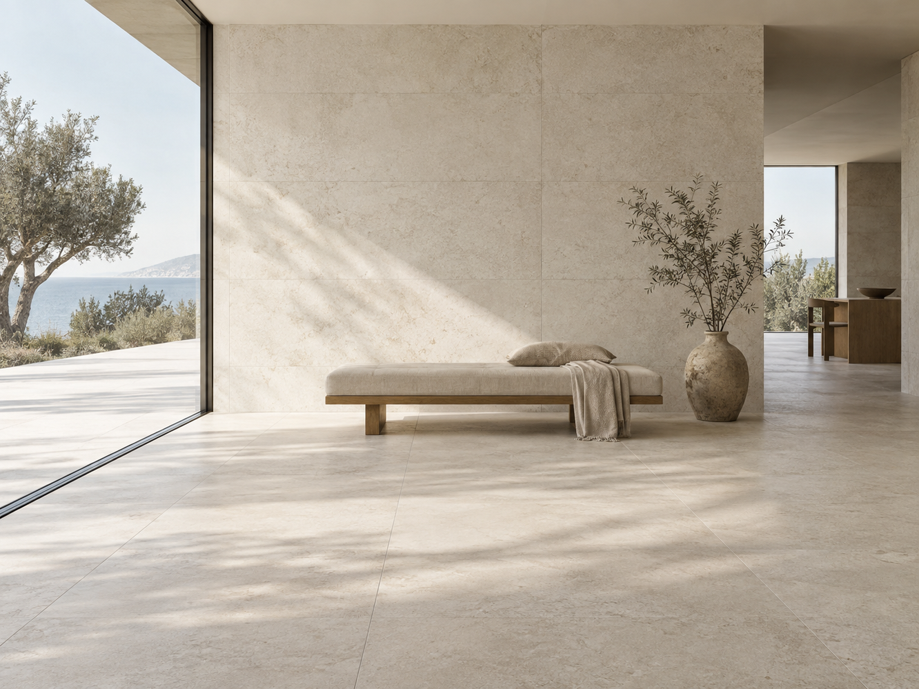 Không gian tĩnh với gạch porcelain Limestone Look màu sáng và bề mặt khoáng dịu