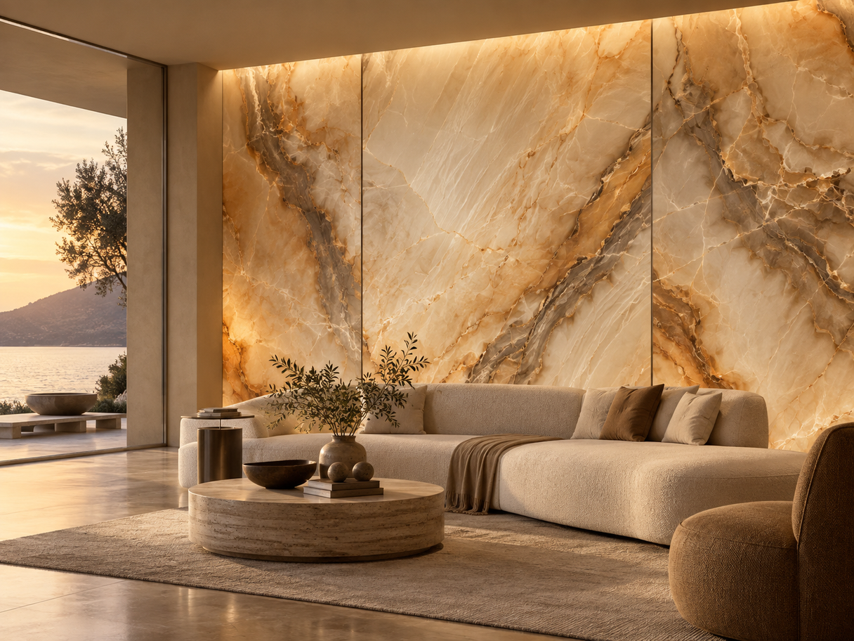Không gian kiến trúc với gạch porcelain Onyx Look và hiệu ứng chiều sâu thị giác