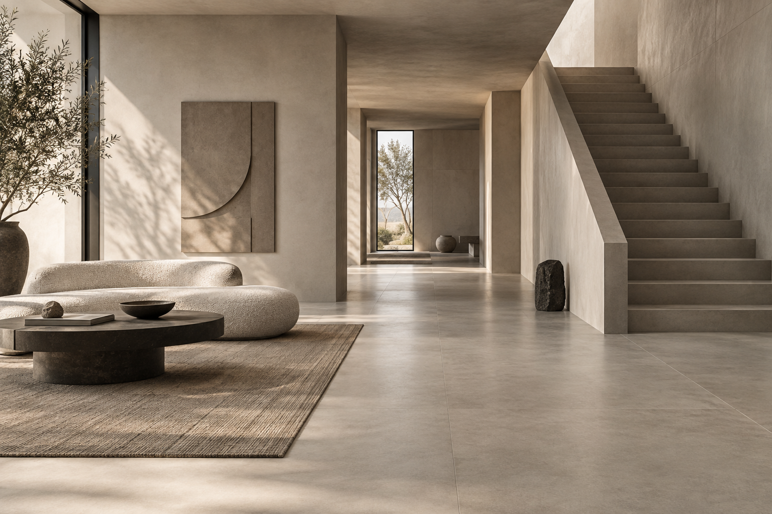 Không gian tối giản với bề mặt Cement Look màu greige và ánh sáng tự nhiên