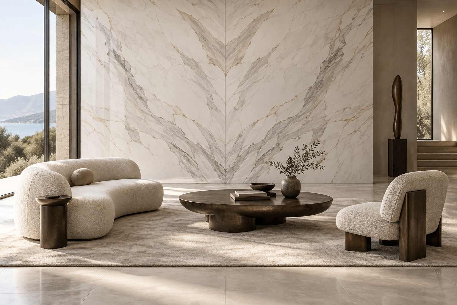Không gian sang trọng với mảng Marble Look bookmatch vân xám biểu cảm