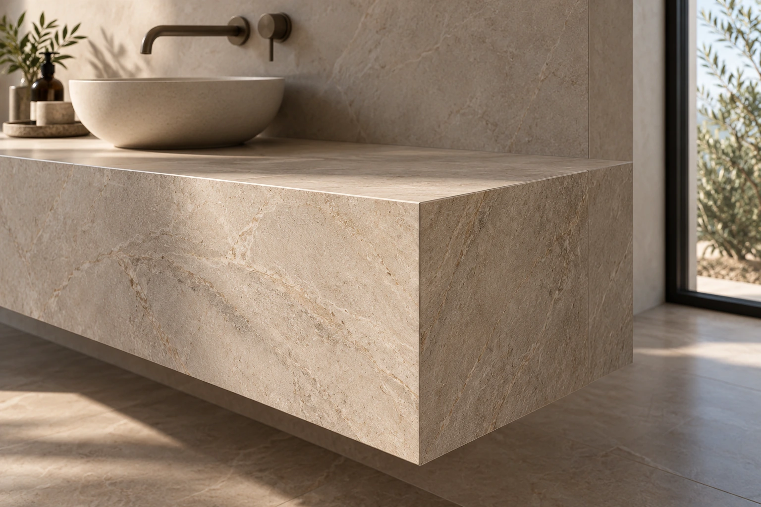 Hai mặt porcelain gặp nhau tại góc ngoài dạng miter.