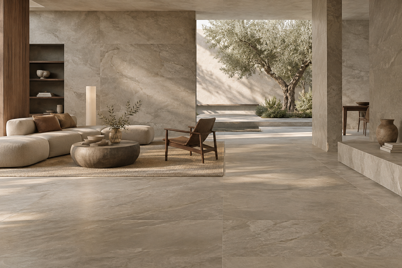 Không gian kiến trúc đương đại với bề mặt Stone Look sắc độ khoáng ấm