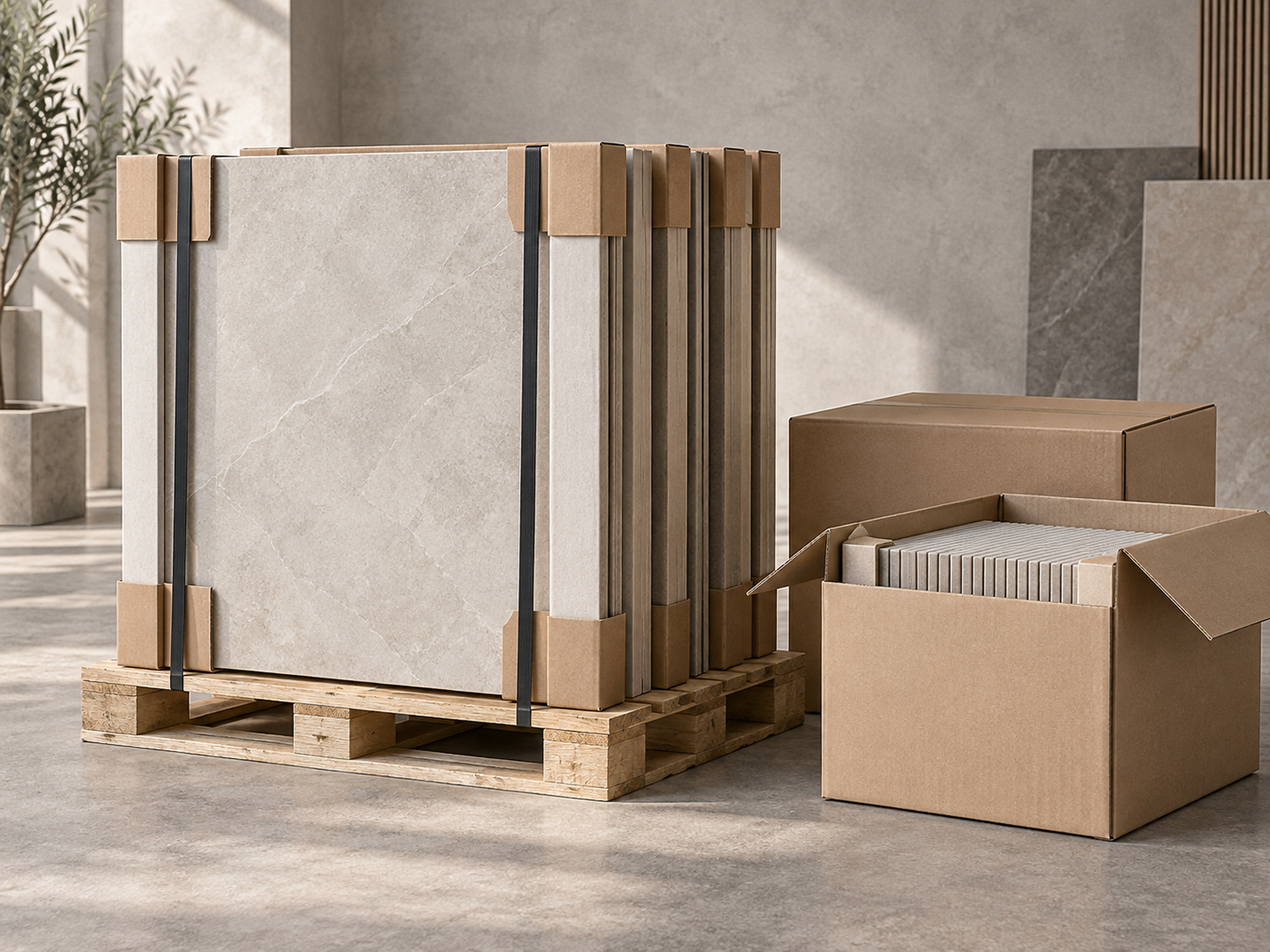Gạch porcelain được bảo vệ bằng nẹp carton và đóng trên pallet