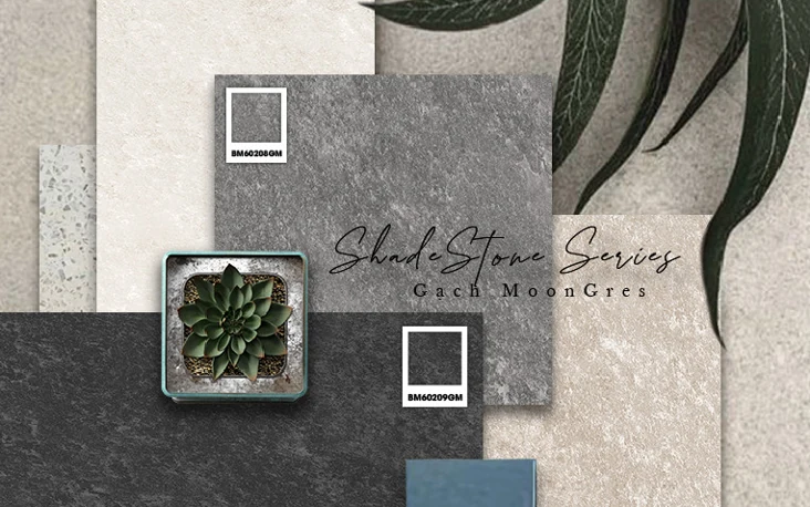 Moodboard gạch porcelain Shade Stone với các bề mặt màu trung tính