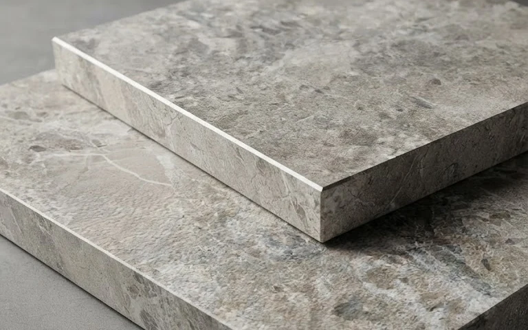 Các tấm Q-Stone xếp lớp, chụp nghiêng để thấy rõ cạnh và chiều dày.