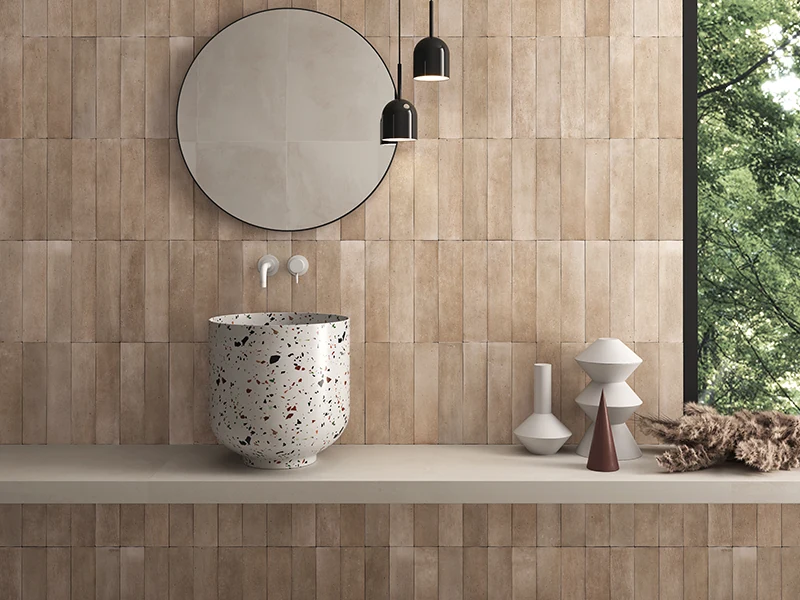 Terracotta wall tiles in a warm-toned bathroom interior