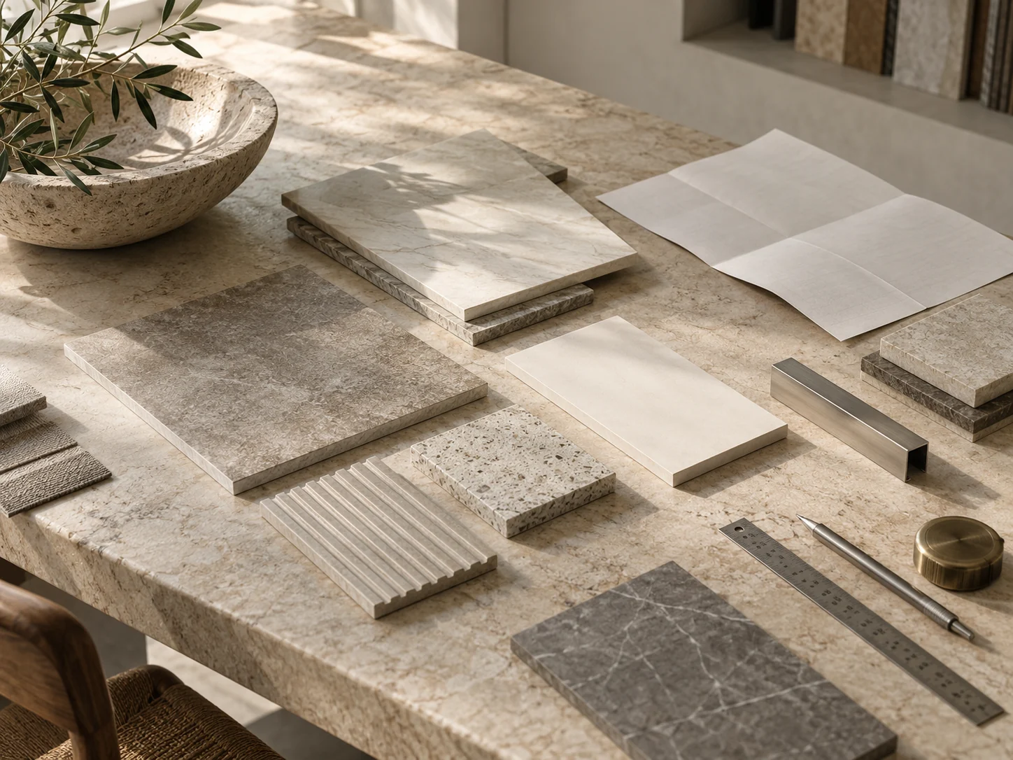 Thư viện mẫu vật liệu kiến trúc gồm gạch porcelain, bề mặt hiệu ứng đá và dụng cụ đo