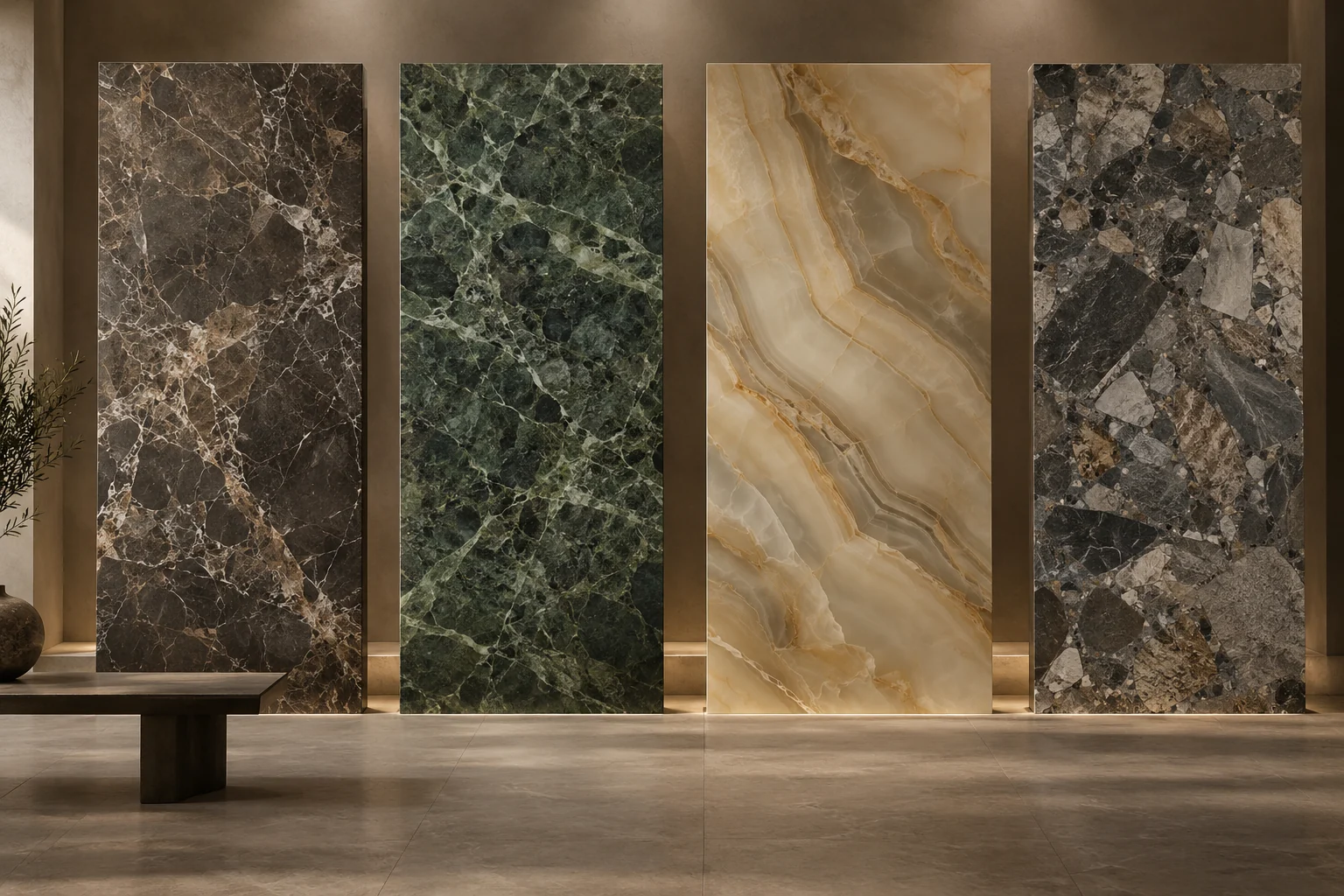 Bốn mẫu porcelain hiệu ứng đá màu tối, xanh, onyx và breccia