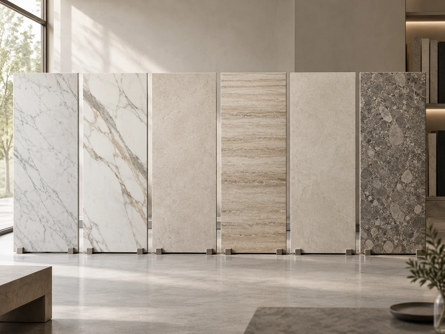 Sáu tấm gạch porcelain hiệu ứng đá với các ngôn ngữ vân trắng, be, travertine và breccia