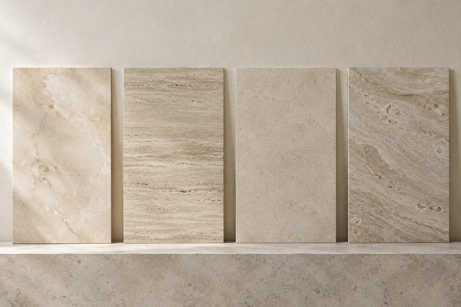 Bốn mẫu porcelain hiệu ứng đá màu kem và be gồm marble, travertine và limestone