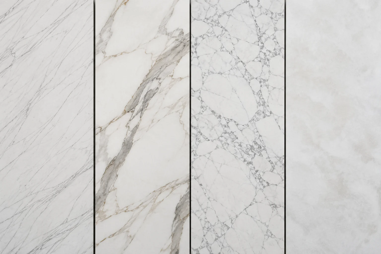 Bốn mẫu porcelain hiệu ứng marble trắng với vân tuyến tính, vân lớn, vân mạng và nền mây nhẹ