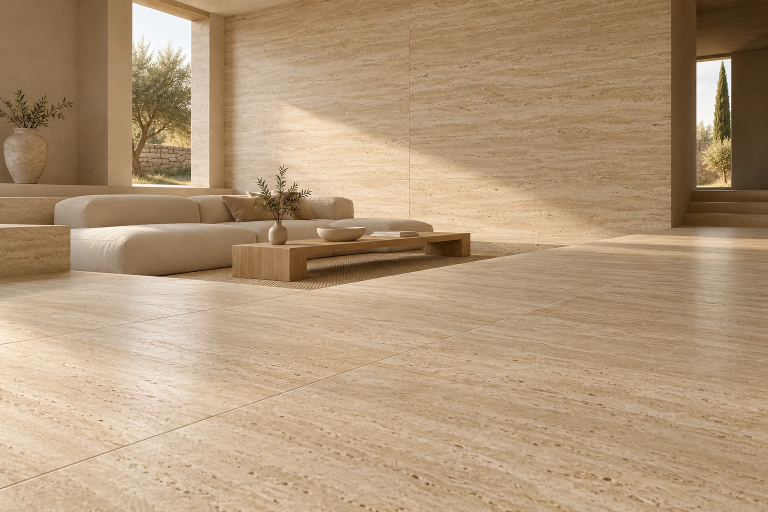 Warm Minimalism — Travertine Look beige ấm, variation nhẹ và bề mặt matt dịu.