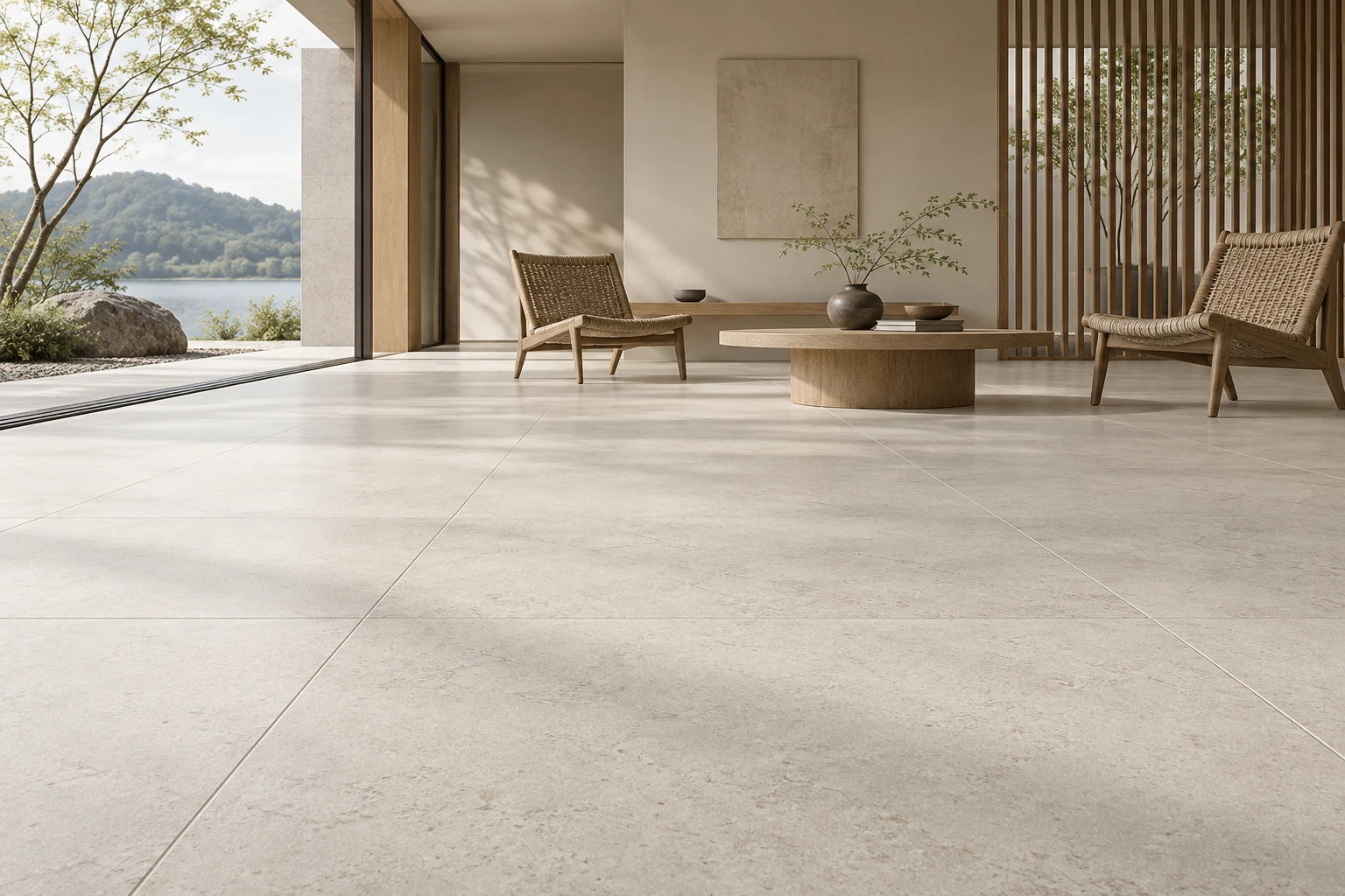 Japandi — Light Stone Look hạt mịn, vân yên và bề mặt matt trong không gian tiết chế.