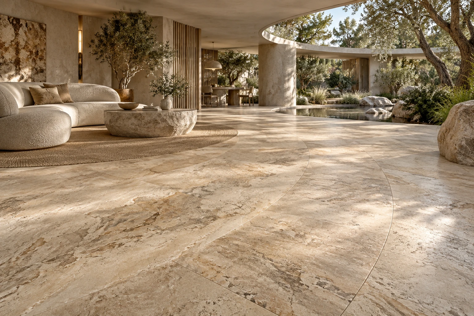 Organic Modern — Stone hoặc Travertine Look với vân hữu cơ và bề mặt tactile.