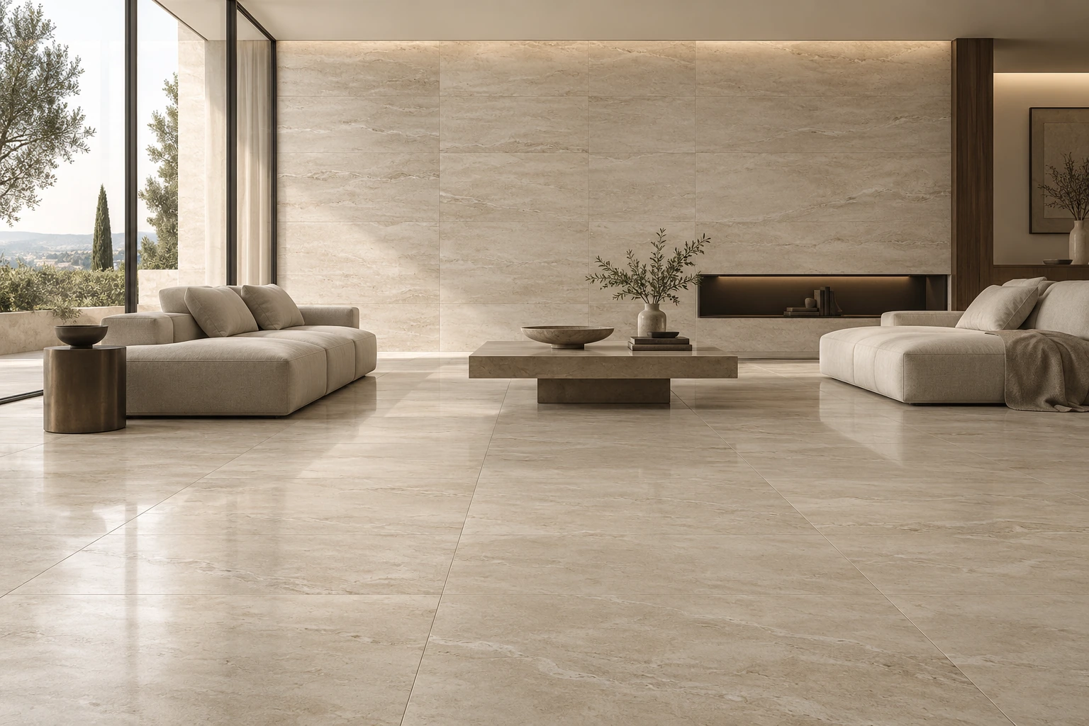 Quiet Luxury — limestone hoặc Travertine Look khổ lớn, vân tonal nhẹ và continuity cao.