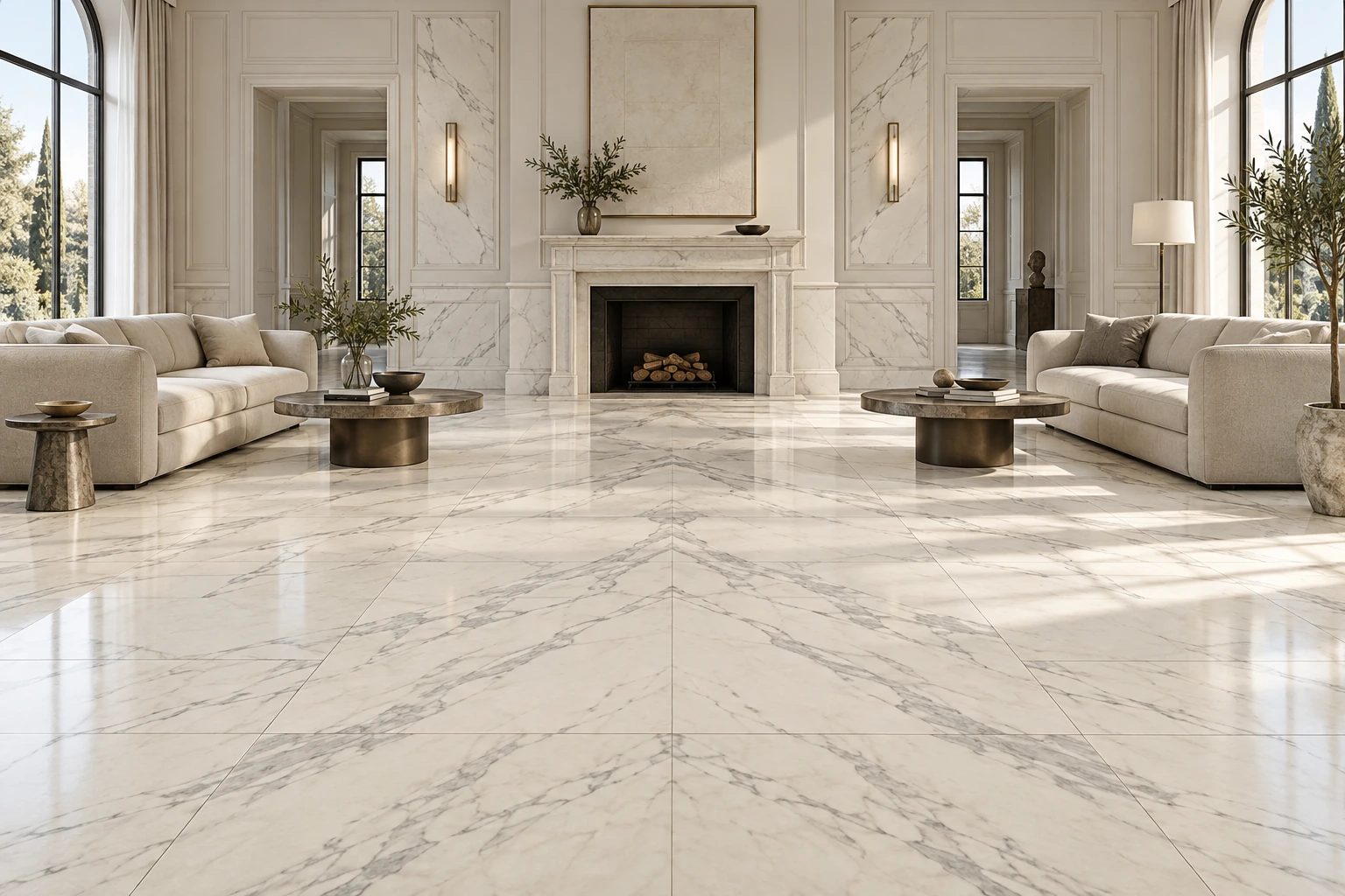 Modern Classic — Marble Look nền sáng, vân định hướng và trục lát rõ.