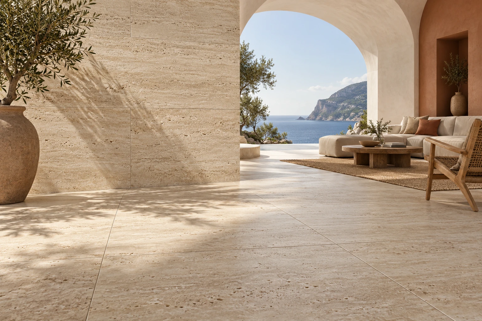 Mediterranean Contemporary — Travertine hoặc limestone look tone sand với variation tự nhiên.