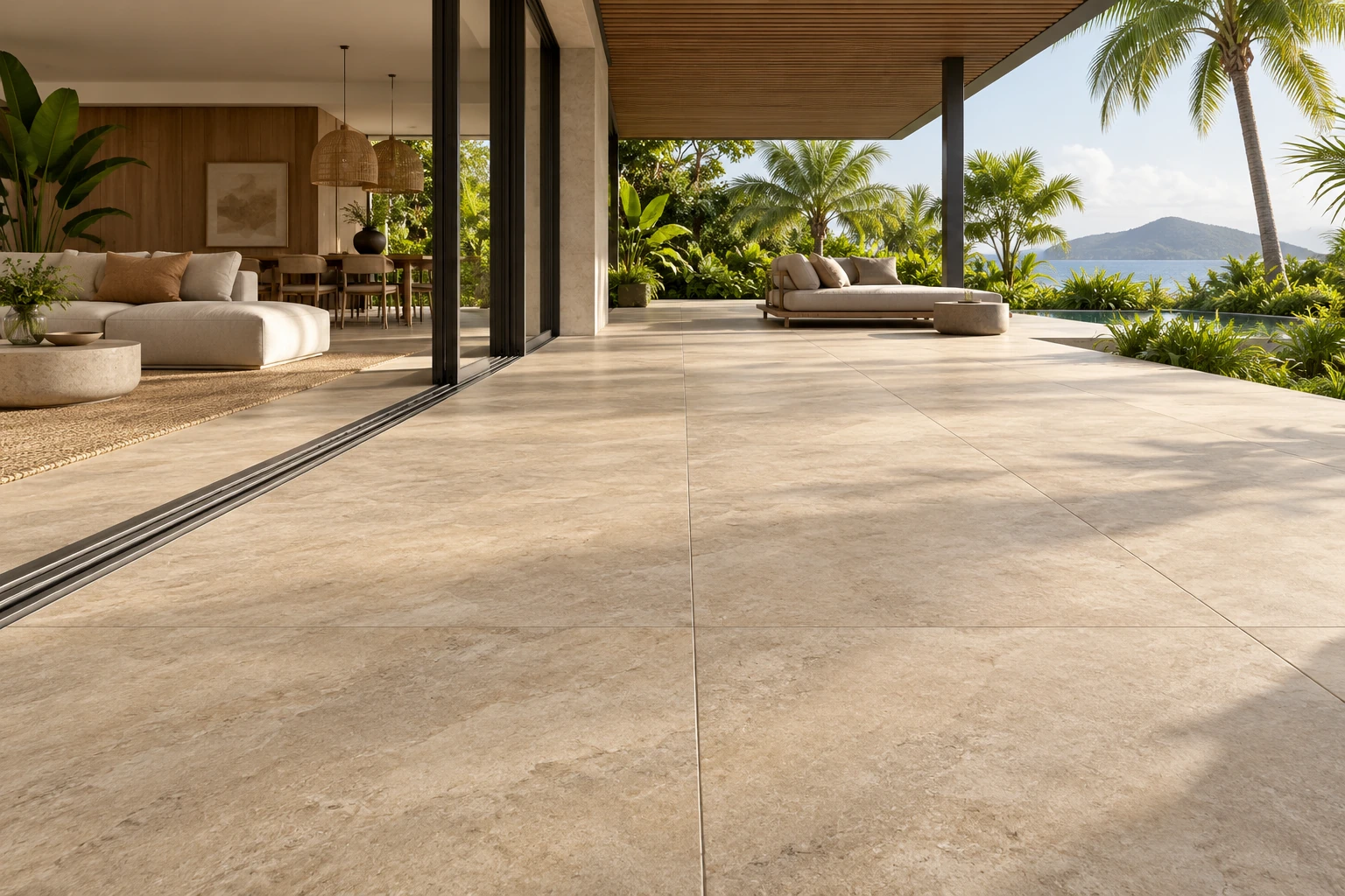 Tropical Modern — Natural Stone Look tạo liên tục thị giác giữa không gian trong và ngoài.