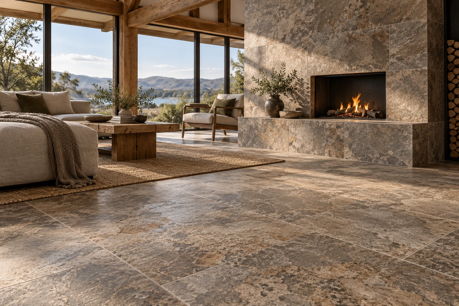 Modern Rustic — Textured Stone Look ấm với structured matt surface.