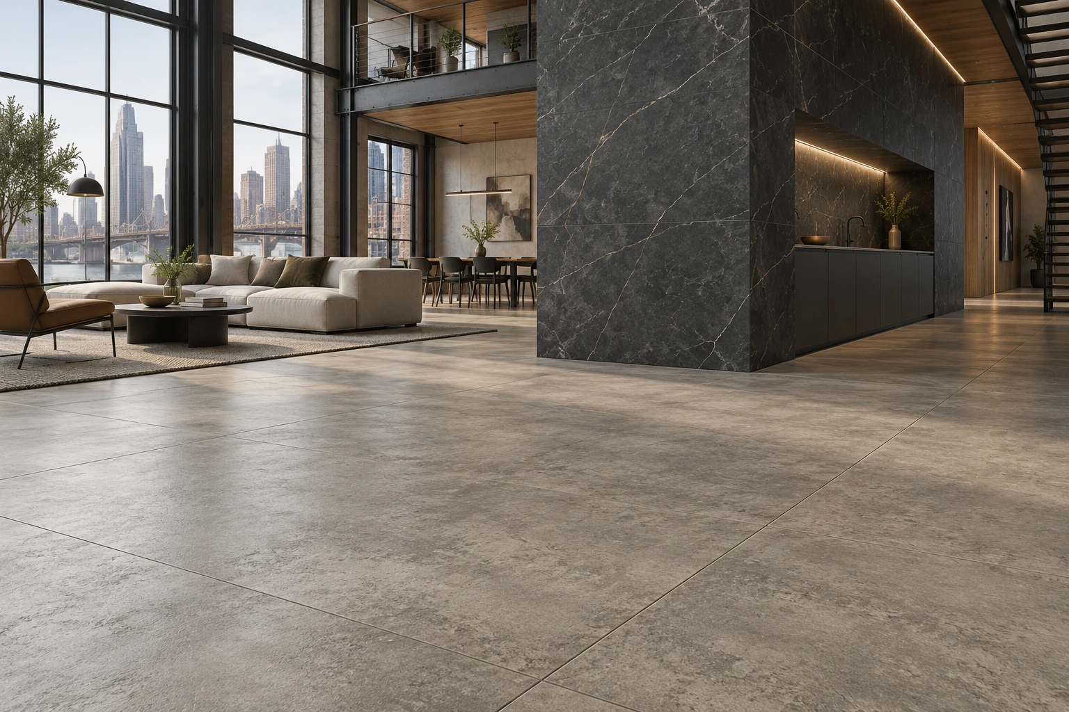 Refined Industrial — Cement Look greige kết hợp Dark Stone Look trong không gian kết cấu rõ.