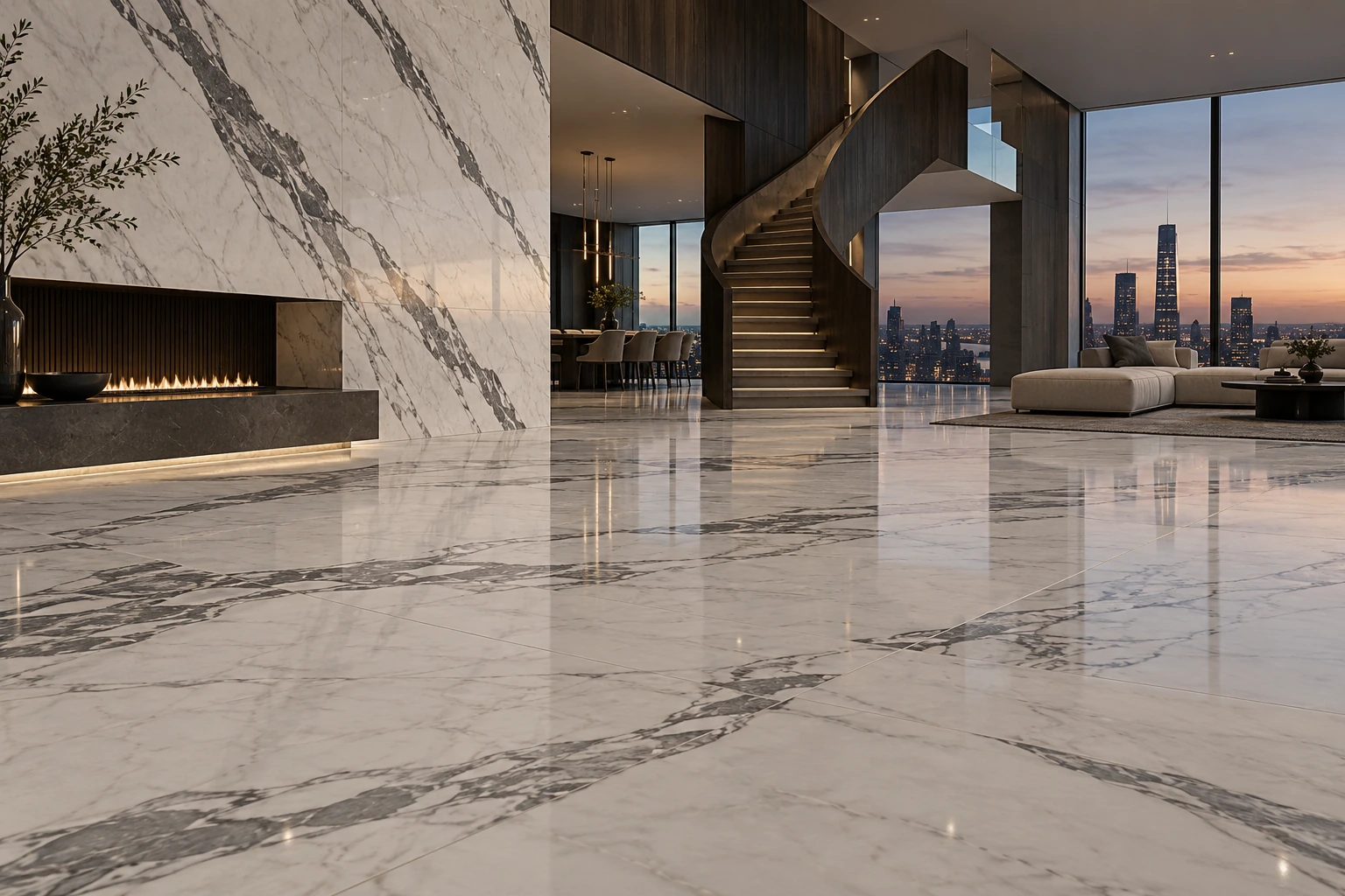 Contemporary Luxury — Marble Look slab khổ lớn, vân statement có kiểm soát và continuity chính xác.